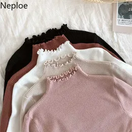 Neploe Fall Winter Ruffles Sweater Turtleneck Ruched Women Sweaters High Elastic Solid Female Slim Sexy Knitted Pullovers 211216