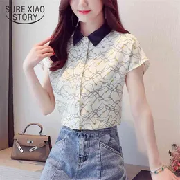 Koreaanse stijl bedrukte chiffon blouse vrouwelijke contrast korte mouw base shirt draai de kraag OL 9455 50 210428