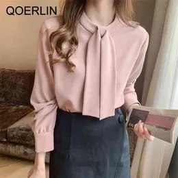 S-2XL OL Pink Blus Kvinnor Elegant Fast Färgskjorta Långärmad College Style Casual Loose Plus Solorits 210601