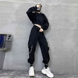 Qweek Punk Oversized Cargo Byxor Kvinnor Gotiska Streetwear Svart Kedja Harajuku Hippie Koreanska Street Style Byxor Kvinna Hip Hop 210925