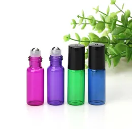 5ml 1/6oz Ambra Verde Viola Blu Rullo di vetro su bottiglie di olio essenziale Bottiglia di profumo vuota con sfera di rulli in vetro-acciaio inossidabile SN6312