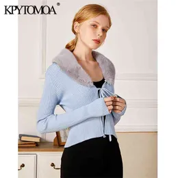 Kobiety Moda Patchwork Faux Futro Dzianiny Sweter Sweter Sweter z wiązanym z długim rękawem kobiet odzieży wierzchniej eleganckie topy 210420