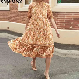 women Pleated collar cuffs midi dress Female lantern sleeves ruffled Printed Smocked panels laddered trim robe chic 210520