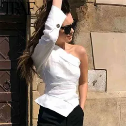 TRAF Kobiety Bluzki Vintage Sexy Jedno Topy Ramię Moda Nieregularne kołnierz Plisowane Stylowe Białe Koszule Blusas Mujer 210719