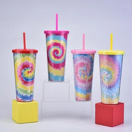 24 oz Tie-dye Tumblers With Lid And Reusable Straw Colorful Double Wall Insulated Travel Mug Cup 2021 Newest