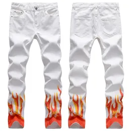 Mäns Jeans European American High Street White Flame Digital Graffiti Print Hip-Hop Slim Men Graphic Skinny