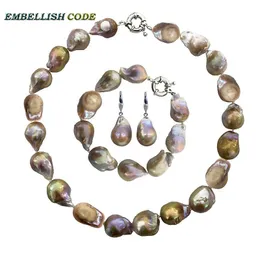 Brincos colar de colar de pulseira irregular barroca gancho de pérolas naturais de tamanho grande cor de cor púrpura de ouro grande flameball nucleado