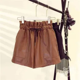 Frühling Neue Koreanische Stil Weibliche Sexy Leder Shorts Hohe Taille Lose Breite Bein Kurze Femme Elastische Gürtel 210323