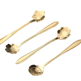 10pic/set Cute Stainless Steel Flower Teaspoon Dessert Coffee Spoon Golden Sakura Rose tools