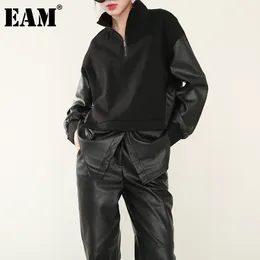 [EAM] Kobiety Zipper Big Size Black PU Leather Splited T-shirt Stand Collar z długim rękawem Moda Wiosna Jesień 1DD023301 21512