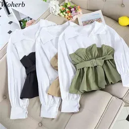 الكورية أزياء بلوزة النساء patckwork وهمية قطعتين قميص قمم الصيف أنثى أنيقة كشكش blusas حزام القمصان 210519