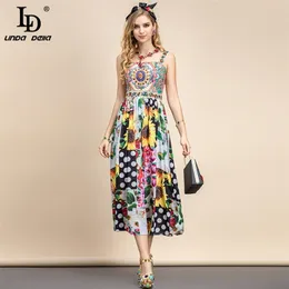 夏のファッション滑走路ホリデーエレガントなドレス女性スパゲッティストラップ花のプリントパッチワークパーティーMidi 210522