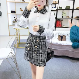 Jesień Kobiety Różowy Dwukierki Knitle Set Girls Elegancki Cold Shoulder Bow Sweter i Hight Waist Plaid Spódnica Plus Rozmiar 2 szt. Garnitury 210515