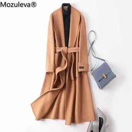 Mozuleva двухсторонний кашемиер шерстяное пальто женское осень зима японский стиль свободного длинного шерстяного пальто сплошной цвет воды 210930