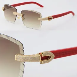 Fashion Metal Rimless Man Womens Solglasögon Original Red Plank Mix Micro-Paved Diamond Set Woman Glasses Mane and Female Vintage Frame With 18k Gold Eyewear Size: 57