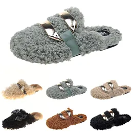 Wholesale newly autumn winter womens slippers metal chain all inclusive wool slipper for women black outer wear plus big size Muller half drag shoes