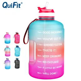 Quifit 3.78L 2.2L 1.3L 128oz جالون زجاجة ماء مع سترو التحفيزي الوقت علامة رياضة شرب إبريق bpa الشحن مجانا 210913