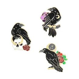 Pins, Brooches HOSENG 3PCS Black Crow Skull Flowers Alloy Brooch Halloween Kids Woman Coat Collar Funny Winter Enamel Jewelry Pin Gift HS_11