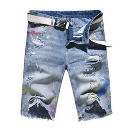 Men's Jeans Sokotoo Painted Holes Ripped Denim Shorts Summer Knee Length Streetwear Distressed Destroyed Fringe Beggar