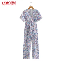 여성 다채로운 꽃 인쇄 쉬폰 짧은 소매 슬래시 여성 캐주얼 Jumpsuit 1F164 210416