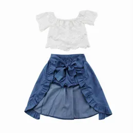Detaliczna 3 sztuk Cute Toddler Dziewczyna Zestawy Off Ramię Koronki Białe Koszulki Topy Blue Denim Spodenki kostki Długość Sukienka Stroje 1-5t MN001 210610