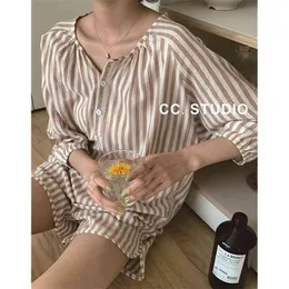 Casual Koreanische Sommer Gestreiften Chic Vintage Alle Spiel Nachtwäsche Lose Retro Kurzen Ärmeln Homewear Pyjamas Sets 210529