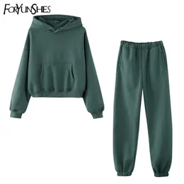 Zweiteiliges Set Frauen Trainingsanzug Casual Short Hoodies Outfits Sweatshirt Fleece 100% Baumwolle Jogging Hose Anzug Sport Frühling 211221