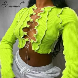 Symenial Patchwork Lace Up Długą Rękaw Crop Topy Kobiety Bringbed Sexy Party Knitwear T-shirt Hollow Out Bodycon Club Tie Front Top Y0629