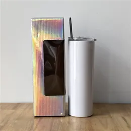 Sublimering raka tumblers metall halm gummi bitar holografisk låda 20oz rostfritt stål tumbler isolering vattenflaska kaffe rånar A02
