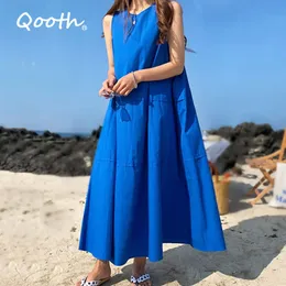 Qooth Summer Loose Sleeveless Big Swing Dress Solid Thin A-Line Causal Over-the-knee Dress O-Neck Pullover Cotton Dress QT682 210518