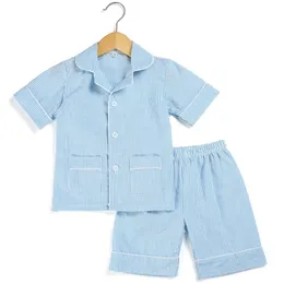 Bomull Stripe Seersucker Summer Pajamas Set Stripe Boutique Hem SLEEPEAR FÖR KIDS 12M-12Years Button Up PJS 210915