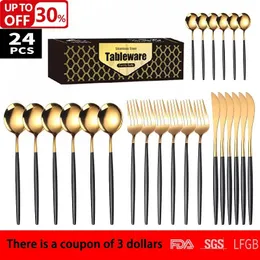 Dinnerware Sets 24Pcs Cutlery Set Stainless Knife Fork Spoon Flatware Steel Gold Color Dishwasher Gift Box Kitchenware