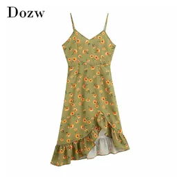 Boho Floral Impressão Ruffle Midi Vestido Mulheres Espaguete Strap Summer Beach Vestido sem costas sem mangas Asimétricas Vestidos 210414