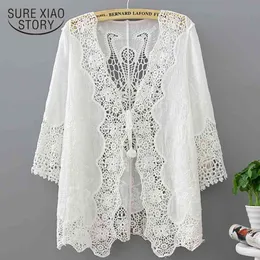 Lace sunscreen shirt beach shawl womens tops and blouses Half plus size white blouse women shirts 3165 50 210417