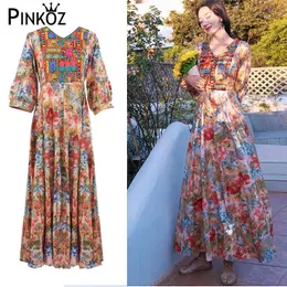 Vintage Çiçek Nakış V Yaka Maxi Elbise Bohemian Meslek Plaj Yaz Yüksek Bel Elbiseler Kadın A-Line Robe Majer 210421