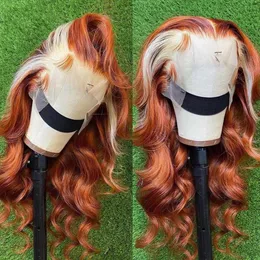 Headwear Hair Accessories Long Honey Blonde Lace Frontal Human Hair Wig Ombre Ginger Orange Full Front Highlight 28 30 Inch Synthetic Deep Wave Wigs