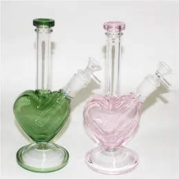 Pink Heart Shape Glass Bong Hookahs 9 tum Recycler Water Pipes 14mm Female Joint Dab Rigs With Bowl Silicone Oil Burner Pipe