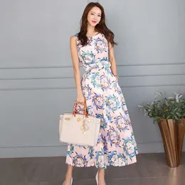 韓国の高品質の花柄の女性夏のドレスファッションスイングヴィンテージAラインパーティーESベルト210529
