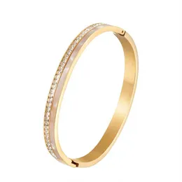 Brand Jewelry Gold Half Round Square Cz Stone Bracelet Bangle Surgical Steel Shell Bracelet for Women Forever Love Birthday Gift Q0717
