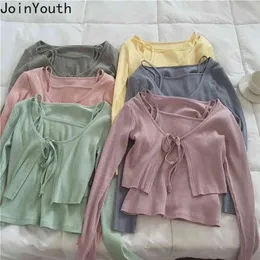Joinyouth Womens Cardigan Två bitar Stickad tröja Koreansk Kläder Spetsar upp Cardigans Tunna Slim Crop Tops Pullover 210812