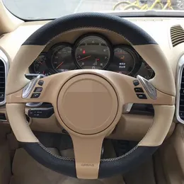 Porsche Cayenne / Panamera 2010-2011用カーステアリングホイールカバーDIYハンドステッチ滑り止めブラックカーボン繊維純正レザー