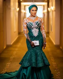 Aso Ebi Meerjungfrau-Abendkleider, langes grünes Spitzenapplikationen, afrikanisches Abendkleid, schiere volle Ärmel, arabische formelle Partykleider in Übergröße