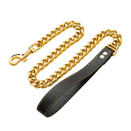 Gold 19mm 24'' Dog Chain Leash Training Heavy Duty Strong Stainless Steel Cuban Link Chain Labor-Saving Spring with Leather Handle for Medium Big dogs