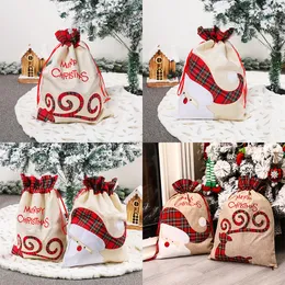 Julklapp Bag Buffalo Mönster Linen Candy Väskor Personifierad Reindeer Plaid Santa Sack med röd dragsko