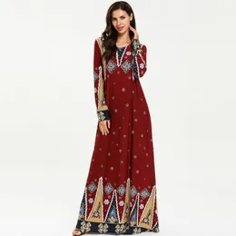 Odzież Etniczna Marokańska Dress Sukienka Oversized Size Damskie Blue Drukowane Z Długim Rękawem Okrągły Neck Muslim Casual Spódnica Abaya Kimono 2021