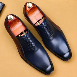 اللباس أحذية الدانتيل يصل جلد طبيعي رجل الأزياء الزفاف الأعمال الحذاء مربع رئيس البني الأزرق الإيطالي الرجال الرسمي أكسفورد