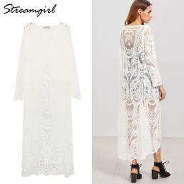 Streamgirl Women Long Cardigan Sommar Oversize Långärmad Strand Lace Cardigan Vit Kvinna Casual Kimono Cardigans Sommar 210421