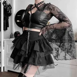 Goth Lace Up Mini Skirt Kvinnor Mesh Patchwork Kjol Punk Style A-Line Kjolar Y2K Sexig Hög Midja Kjolar Ruffles Bandage Skirt 210419