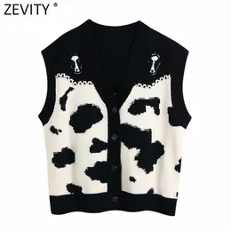 Mujeres Vintage Animal Patrón Suelto Cardigan Chaleco Suéter Damas V Cuello Sin mangas Chaleco Chic Jerseys Tops SW700 210420