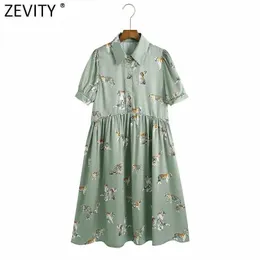 Zevity Frauen Vintage Animal Print Falten Kneeth Kleid Weibliche Kurzarm Casual Sommer Vestidos Chic Retro Kleidung DS8375 210603